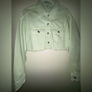 Zara Light Green Distressed Cropped Denim Jacket